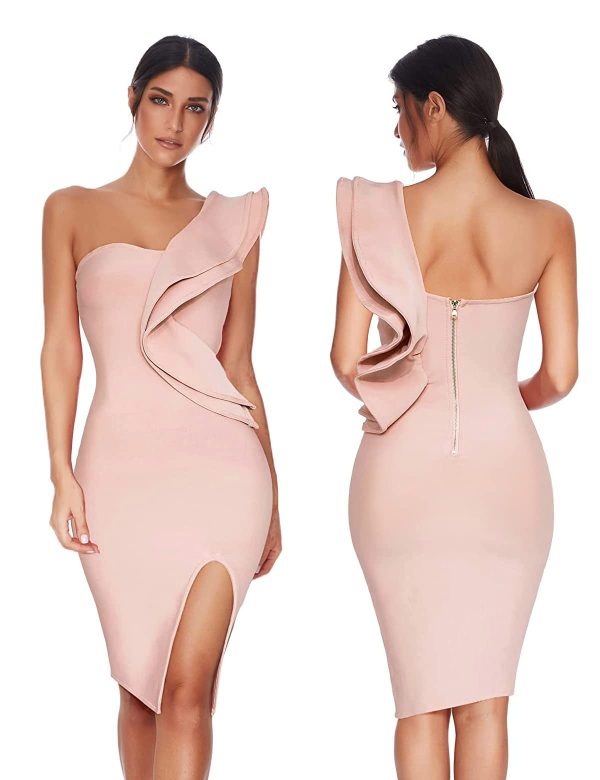 One Shoulder Ruffle Dress Side Split Bodycon Bandage Dress Wedding Guest Dress