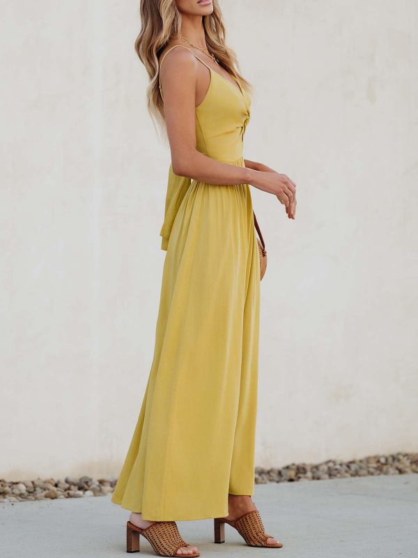 Women Casual Dress Beach Sleeveless V Neck Summer Cutout Spaghetti Straps Formal Maxi Sun Dresses