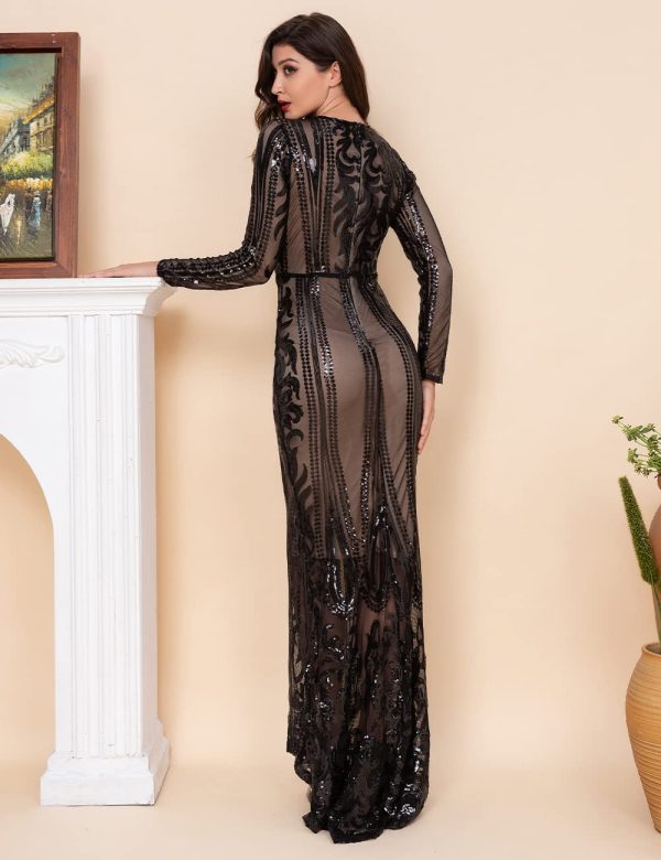 Women's Long Sleeve Sequins Mermaid Gown Long Formal Prom Party Dress