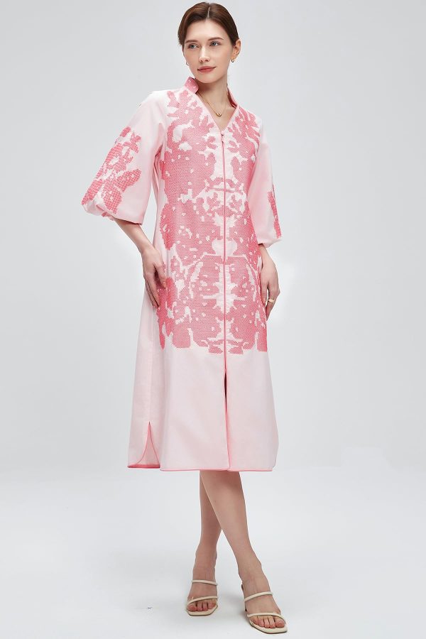 Women Casual V-Neck Mid Dress Floral Embroidery 3/4 Sleeves Spring Summer Tunic Dress Loose Zip Party Dress with Pocket