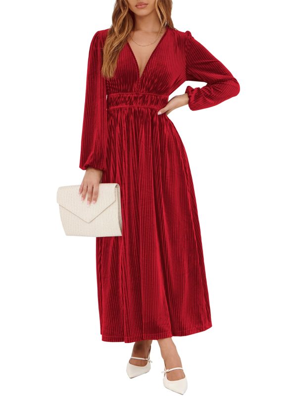 Women's Long Sleeve Velvet Dresses Fall Winter Long Dress Wedding Guest Party Maxi Dress