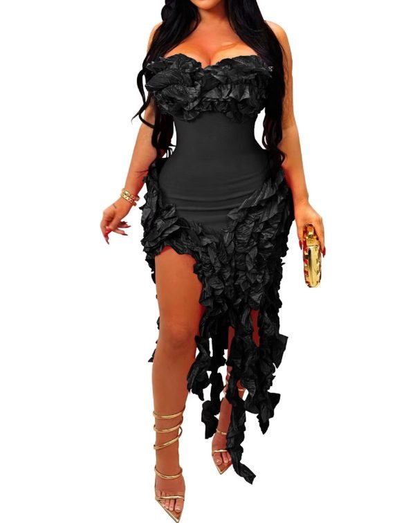 Women Sexy Strapless Ruffle Bodycon Dress Solid Color Fringe Slim Party Cocktail Bandage Dresses