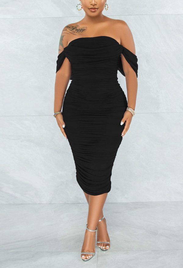 Women's Sexy Off Shoulder Sleeveless Bodycon Ruched Midi Elegant Cocktail Evening Party Night Tube Dresses