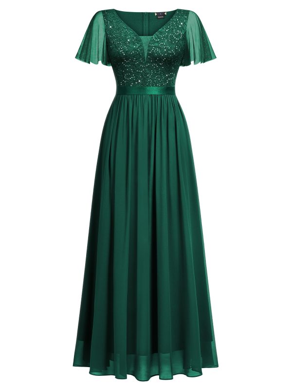 Women's Elegant Deep-V Neck Ruffle Tulle Sleeve Sequin Lace Formal Maxi Dress