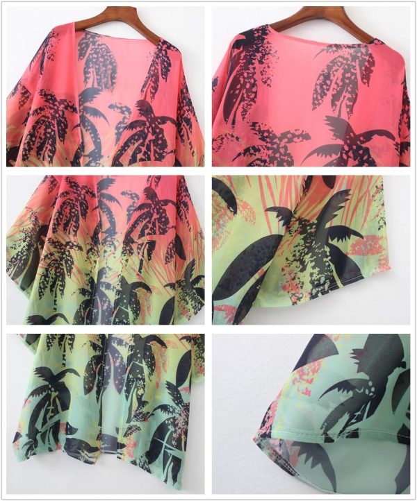 Women Floral Leaf Kimono Summer Cardigan Sheer Loose Half Sleeve Beach Shawl Chiffon Cover Up Casual Blouse Tops