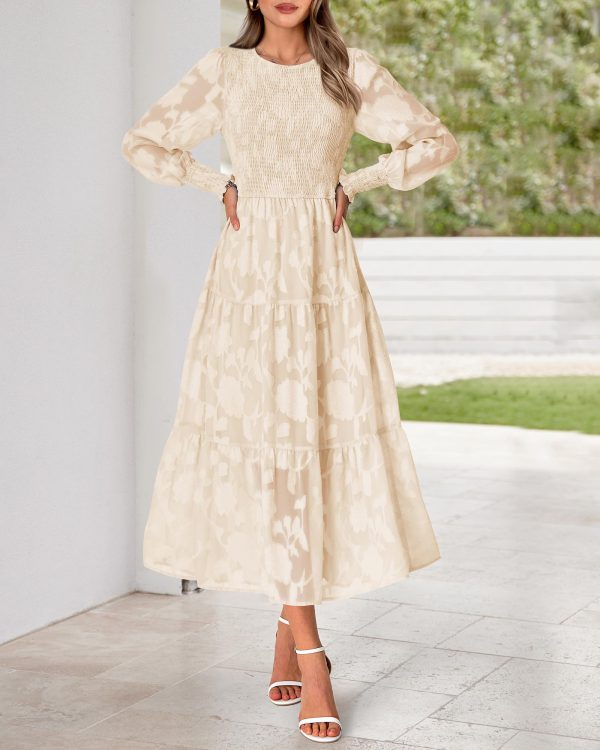 Casual Women's 2025 Spring Dresses Elegant Wedding Guest Dress Long Sleeve Floral Midi Dress Flowy Bohemian Long Dress