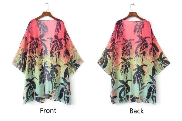 Women Floral Leaf Kimono Summer Cardigan Sheer Loose Half Sleeve Beach Shawl Chiffon Cover Up Casual Blouse Tops