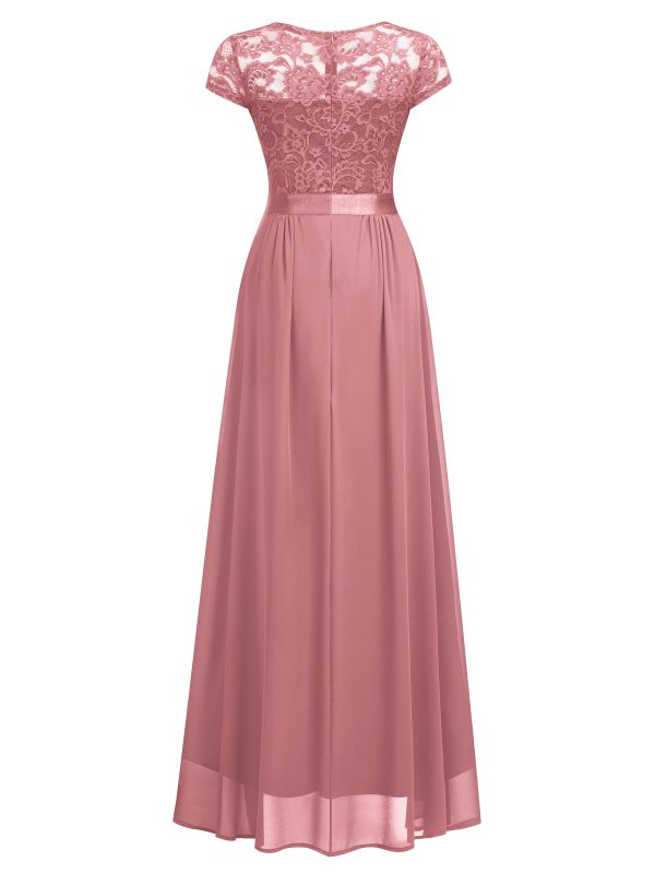 Women's Elegant Floral Lace Formal V Neck Bridesmaid Party Dress