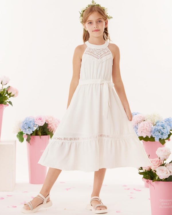 Girls Dresses Summer Spring Halter Maxi Dress Kids Ruffle Casual Flower Pleated Sun Dress Size 5-14