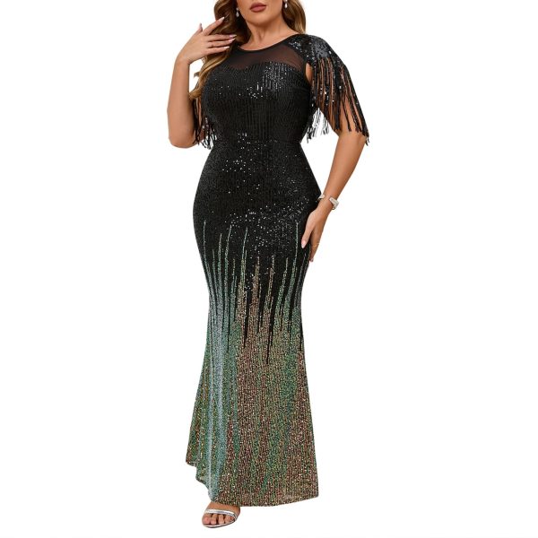 Sexy Sequin Tassel Mesh Perspective Party Cocktail Bodycon Evening Club Maxi Dress
