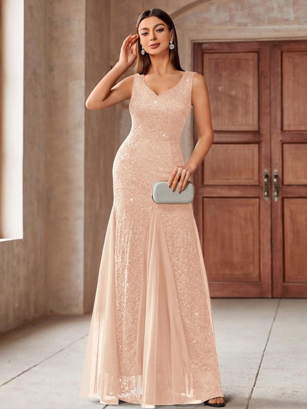Women's Elegant V Neck Sleeveless Sequin Lace Evening Party Dress