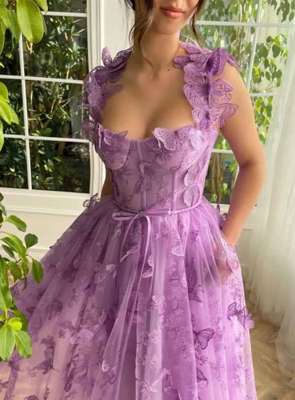 Tulle 3D Butterflies Prom Dresses for Women Spaghetti Straps Embroidered Sweetheart Formal Evening Party Gowns
