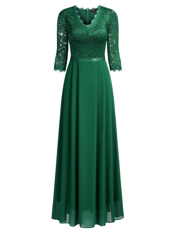 Women's Formal Floral Lace 2/3 Sleeves Long Evening Party Maxi Dress
