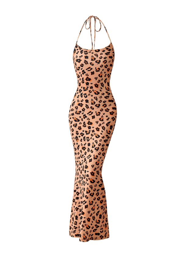 Maxi Dresses for Women 2025 Summer Halter Leopard Print Sleeveless Sexy Bodycon Cruise Cocktail Long Dress
