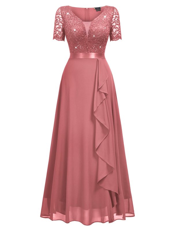 Women's Classy V-Neck Ruffle Floral Lace Hem Trim Sequined Maxi Bridesmaid Dress