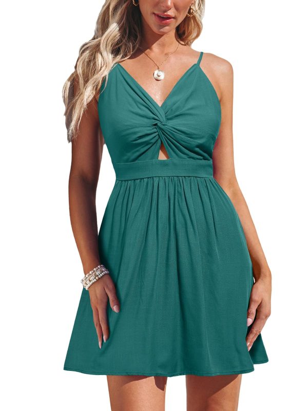 Women's Mini Dress Floral Twisted V Neck Sleeveless Short Dress Pleated Self Tie Back Mini Dress