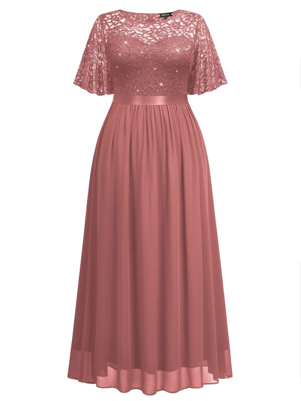 Women's Plus Size Sequin Lace Round Neck Butterfly Sleeves Formal Evening Maxi Dress