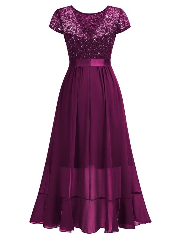 Women's Scoop Neck Sequined Floral Lace Ruffle Wedding Party Long Dress