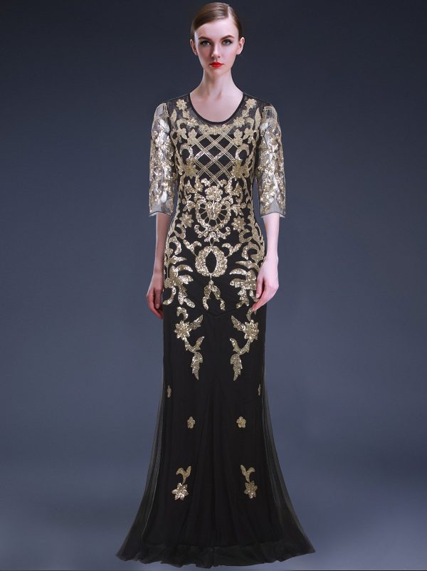 Vintage 1920s Long Wedding Prom Dresses 2/3 Sleeve Sequin Party Evening Gown