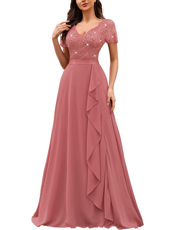 Women's Classy V-Neck Ruffle Floral Lace Hem Trim Sequined Maxi Bridesmaid Dress