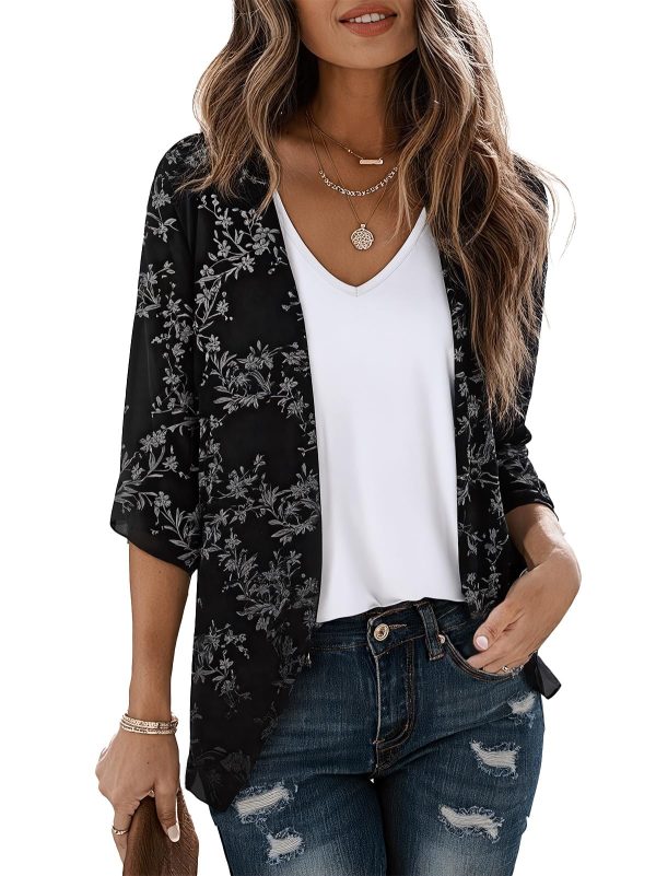 Women Lightweight Chiffon Cardigan Puff Sleeve Loose Beach Wear Cover Up Blouse Top