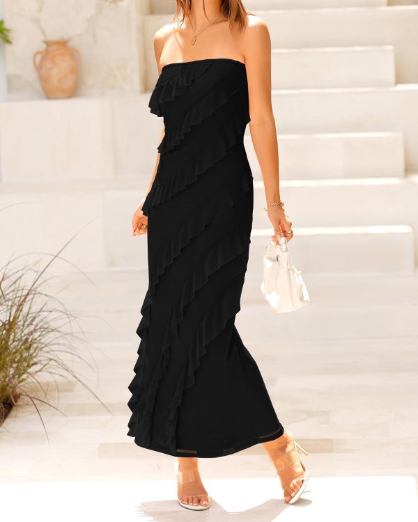 Women Summer Elegant Strapless Midi Ruched Bodycon Dress Solid Color Stretch Mesh Slim Party Cocktail Dresses