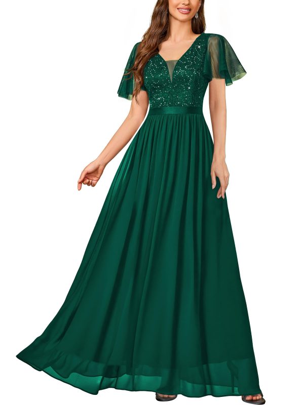 Women's Elegant Deep-V Neck Ruffle Tulle Sleeve Sequin Lace Formal Maxi Dress