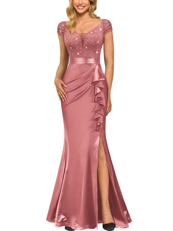 Women's Vintage V-Neck Slim Style Ruffle Split Evening Formal Maxi Dress