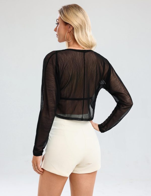 Women's Long Sleeve Sheer Shrugs Open Front Mesh Cropped Cardigan Bolero S-XXL