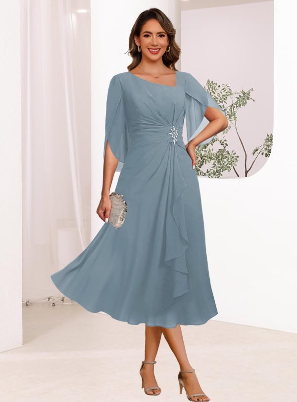 Asymmetrical Neck Mother of The Bride Dresses 2025 for Wedding Chiffon Short Flutter Sleeve Formal Evening Gown PU268