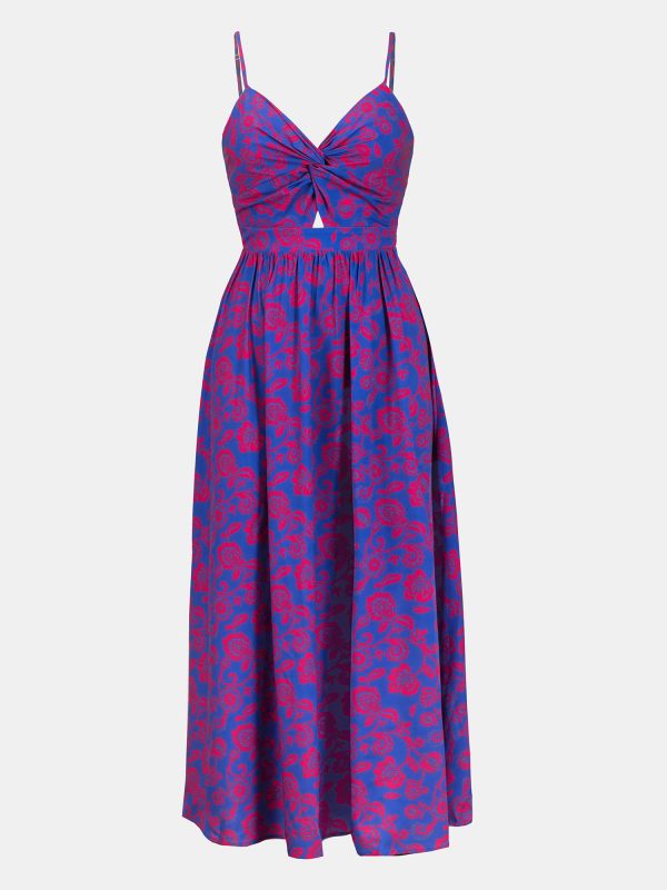 Women's Maxi Dress Floral Print Twisted V Neck Sleeveless Long Dress Summer Casual Dress
