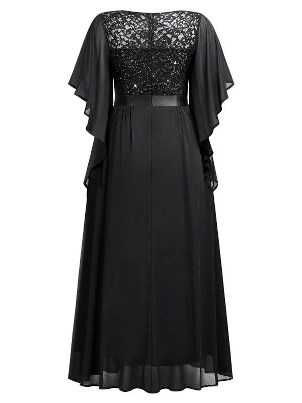 Women's Plus Size Sequin Lace with Ruffle Cape Cloak Sleeves Elegant Evening Wedding Party Maxi Dress