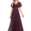Womens Evening Dresses V Neck Short Sleeves A-line Glitter Formal Dresses 50159