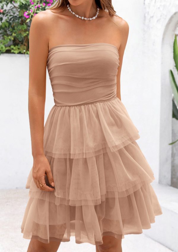 Womens Tulle Dress Strapless Tube Top Short Dress Summer Ruffle Tiered Party Wedding Guest Dresses