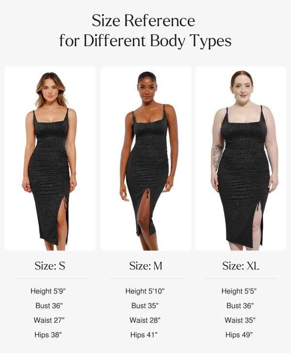 Sparkly Cocktail Dresses for Women Tummy Control Formal Shapewear Dress Square Neck Ruched Midi Dress Side Slit