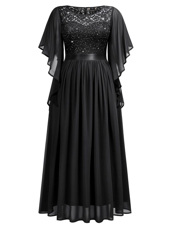 Women's Plus Size Sequin Lace with Ruffle Cape Cloak Sleeves Elegant Evening Wedding Party Maxi Dress