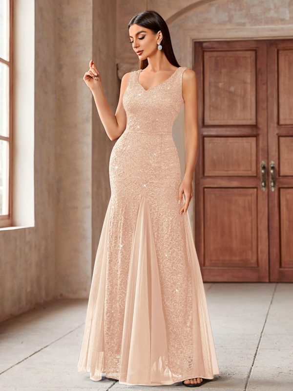 Women's Elegant V Neck Sleeveless Sequin Lace Evening Party Dress