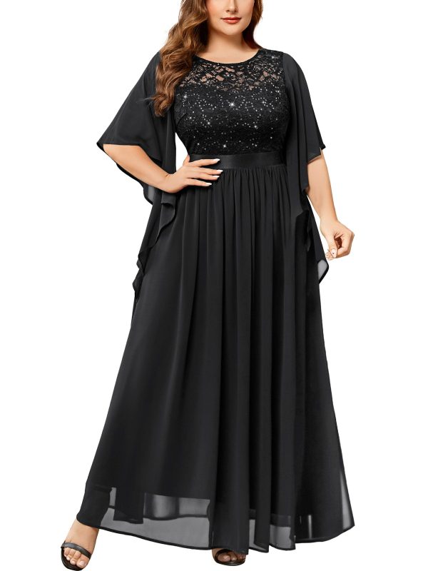 Women's Plus Size Sequin Lace with Ruffle Cape Cloak Sleeves Elegant Evening Wedding Party Maxi Dress