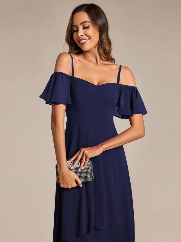 Women's Summer Cold Shoulder Hi-Lo Asymmetrical Hem Flowy Chiffon Short Wedding Guest Dress 02103