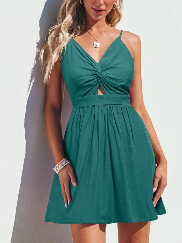 Women's Mini Dress Floral Twisted V Neck Sleeveless Short Dress Pleated Self Tie Back Mini Dress