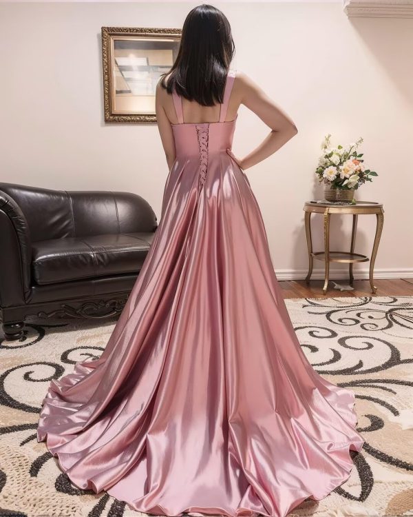 Women's Satin A Line Bridesmaid Dresses with Slit Long Square Neck Formal Cocktail Party Dress with Pockets CYM297