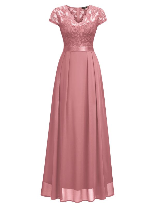 Women's Elegant Floral Lace Formal V Neck Bridesmaid Party Dress