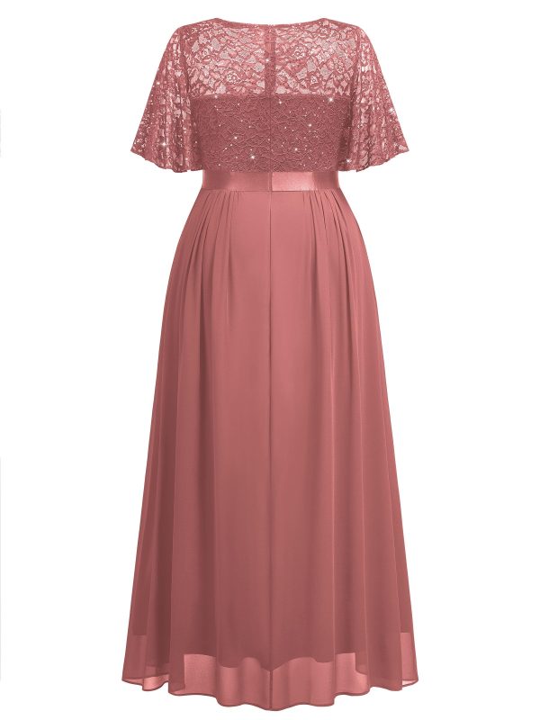 Women's Plus Size Sequin Lace Round Neck Butterfly Sleeves Formal Evening Maxi Dress