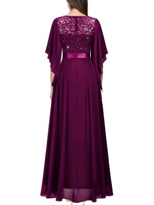 Women's Elegant Style Sequin Lace Contrast Chiffon Bridesmaid Party Maxi Dress