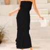 Women Summer Elegant Strapless Midi Ruched Bodycon Dress Solid Color Stretch Mesh Slim Party Cocktail Dresses