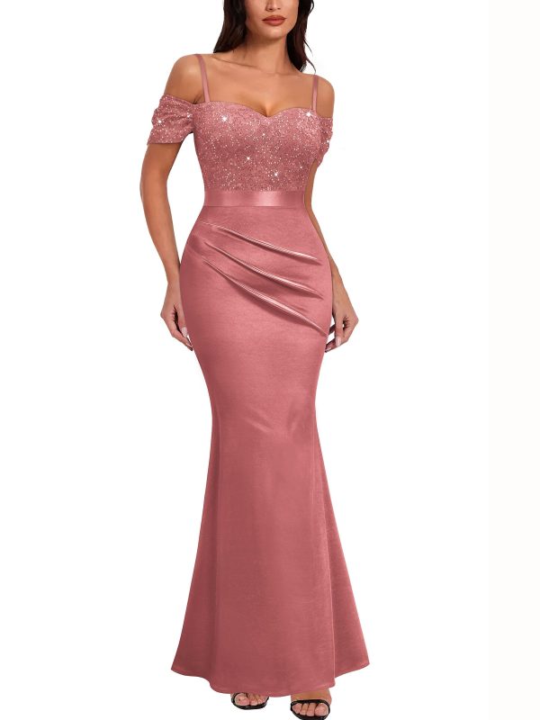 Women's Elegant Sequin Lace Spaghetti Straps Formal Satin Maxi Dress