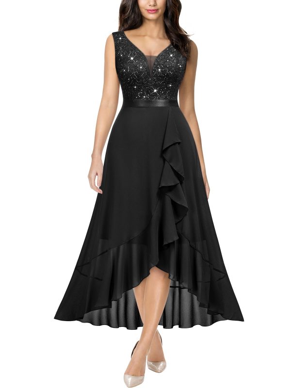 Women's Vintage V-Neck Sleeveless Sequined Floral Lace Ruffle Split Evening Party Dress