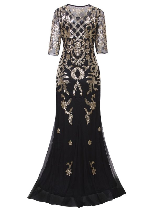 Vintage 1920s Long Wedding Prom Dresses 2/3 Sleeve Sequin Party Evening Gown