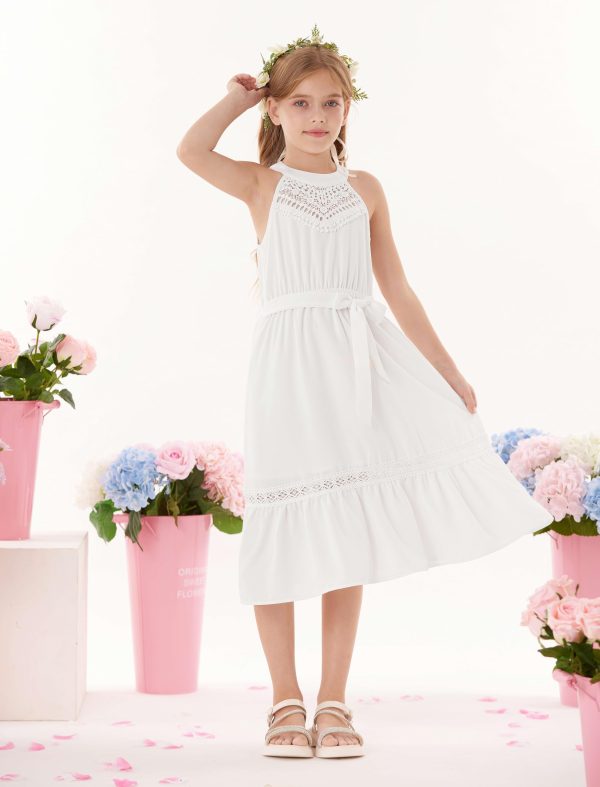 Girls Dresses Summer Spring Halter Maxi Dress Kids Ruffle Casual Flower Pleated Sun Dress Size 5-14