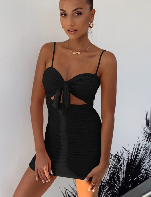Women's Sexy Bodycon Cut Out Ruched Backless Spaghetti Strap Mini Club Party Dresses